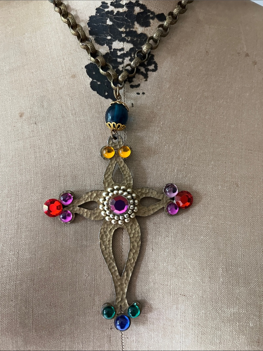 Renaissance Vintage-Style Multicolor Cross Pendant Necklace with crystals